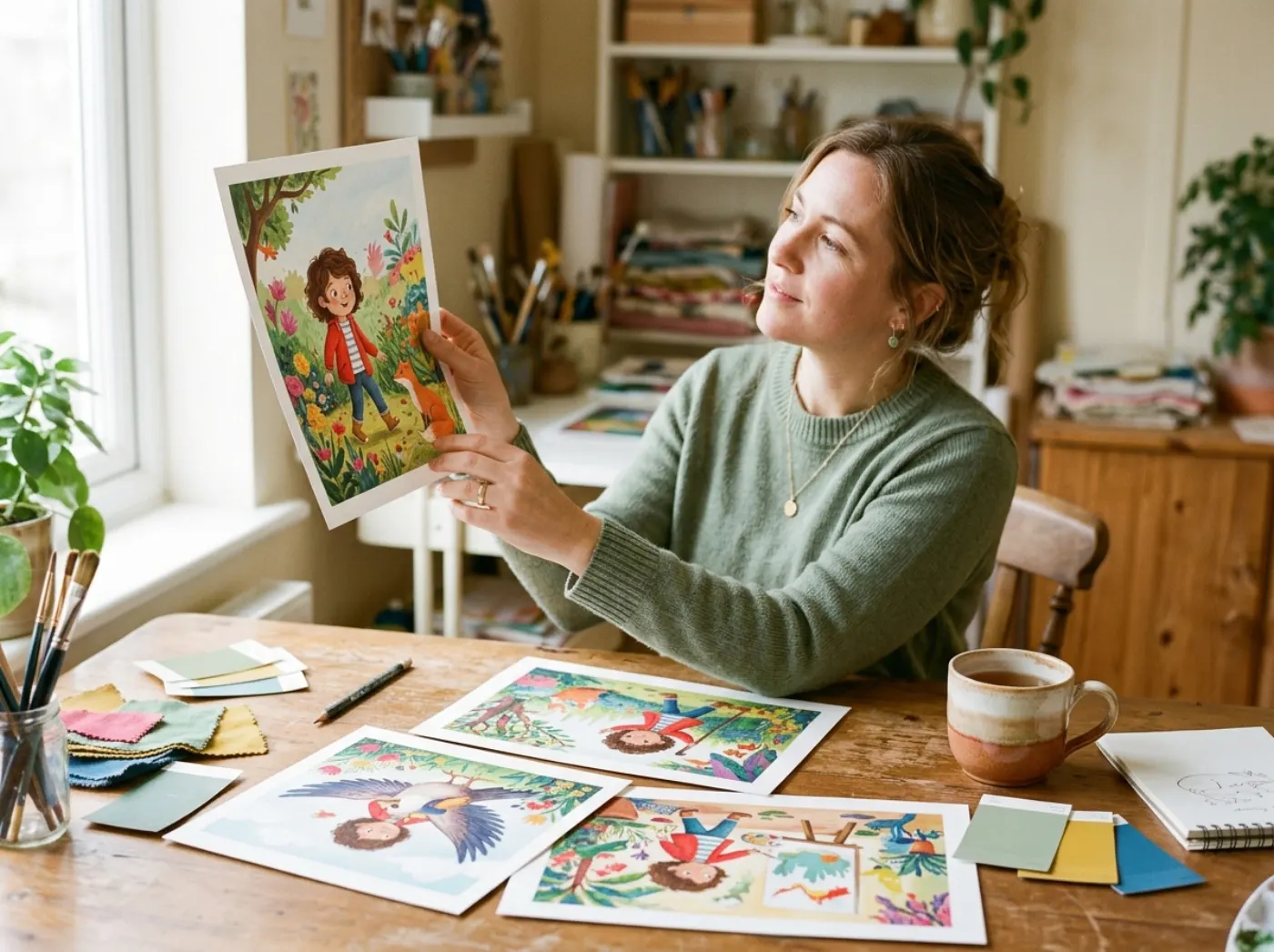 Printed pages of a personalized picture book laid out on a desk to be checked