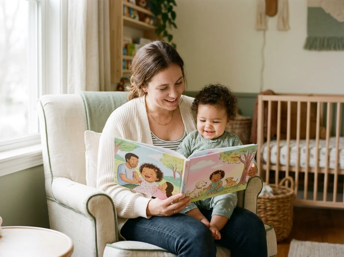 A parent holding a baby on their lap, both looking at a large personalized photo-story book