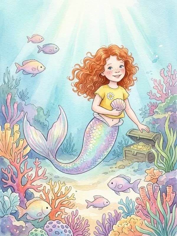 The same girl illustrated as a mermaid in watercolor