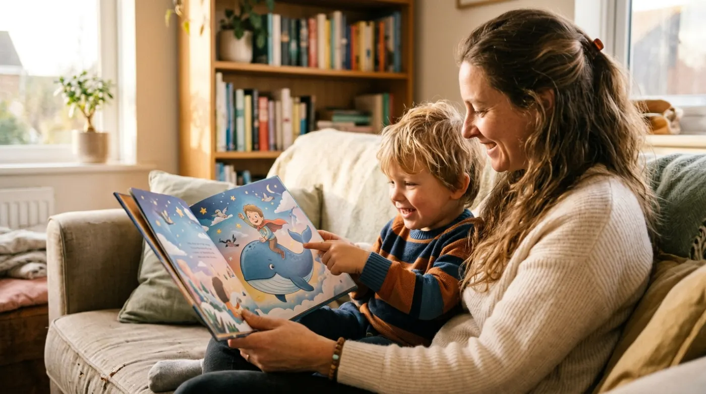 A parent and young child reading a personal children's book on the sofa, the child pointing at their illustrated self riding a whale