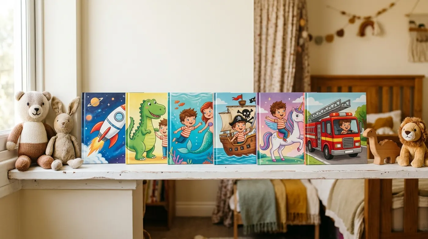A shelf of personalized picture books about space, dinosaurs, mermaids, pirates, unicorns and fire trucks