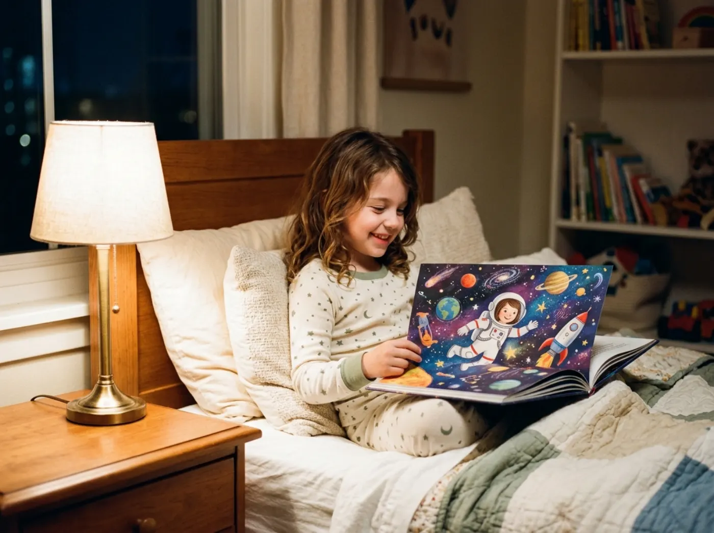 A six-year-old child reading a hardcover picture book about themselves in bed by the light of a bedside lamp
