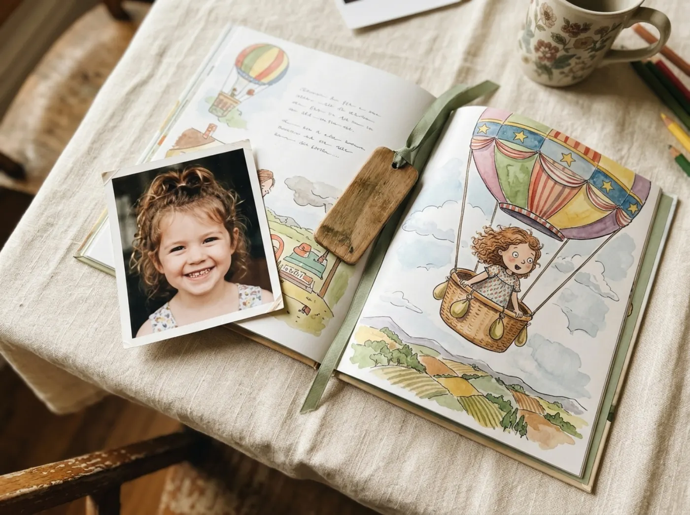 A printed photo of a child lying next to an open picture book that shows the same child as an illustrated character