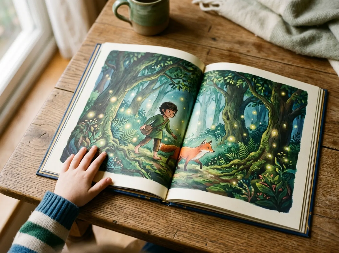 An open picture book spread showing a child hero walking through an illustrated forest